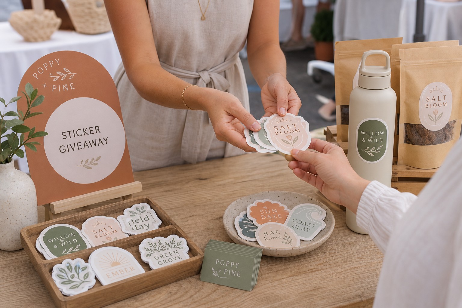 A small business owner at a market stall handing out die-cut vinyl stickers to customers