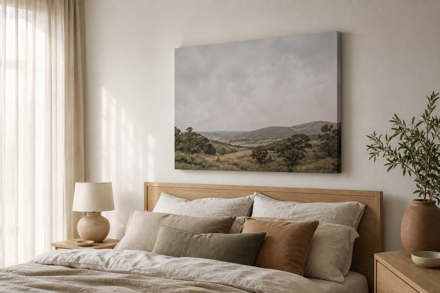 Large gallery wrap canvas print of a soft landscape hanging above a timber bed head in a calm bedroom