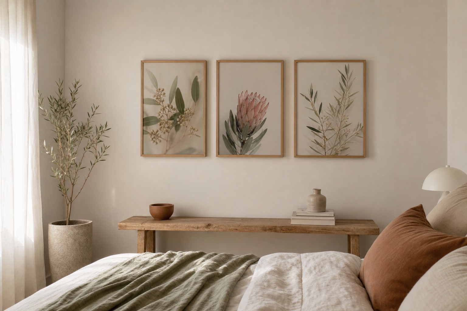Three natural oak framed botanical prints hung in a row above a low timber bench on a bedroom wall