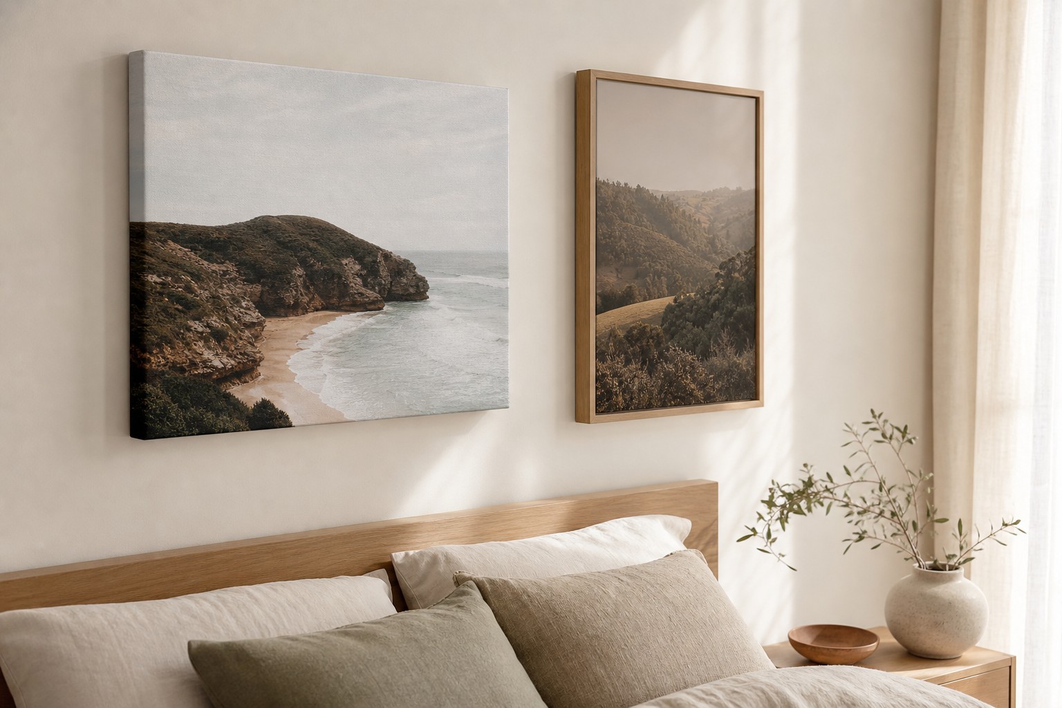 A gallery wrap canvas print and a natural oak framed print hanging side by side, showing the difference in depth and edge