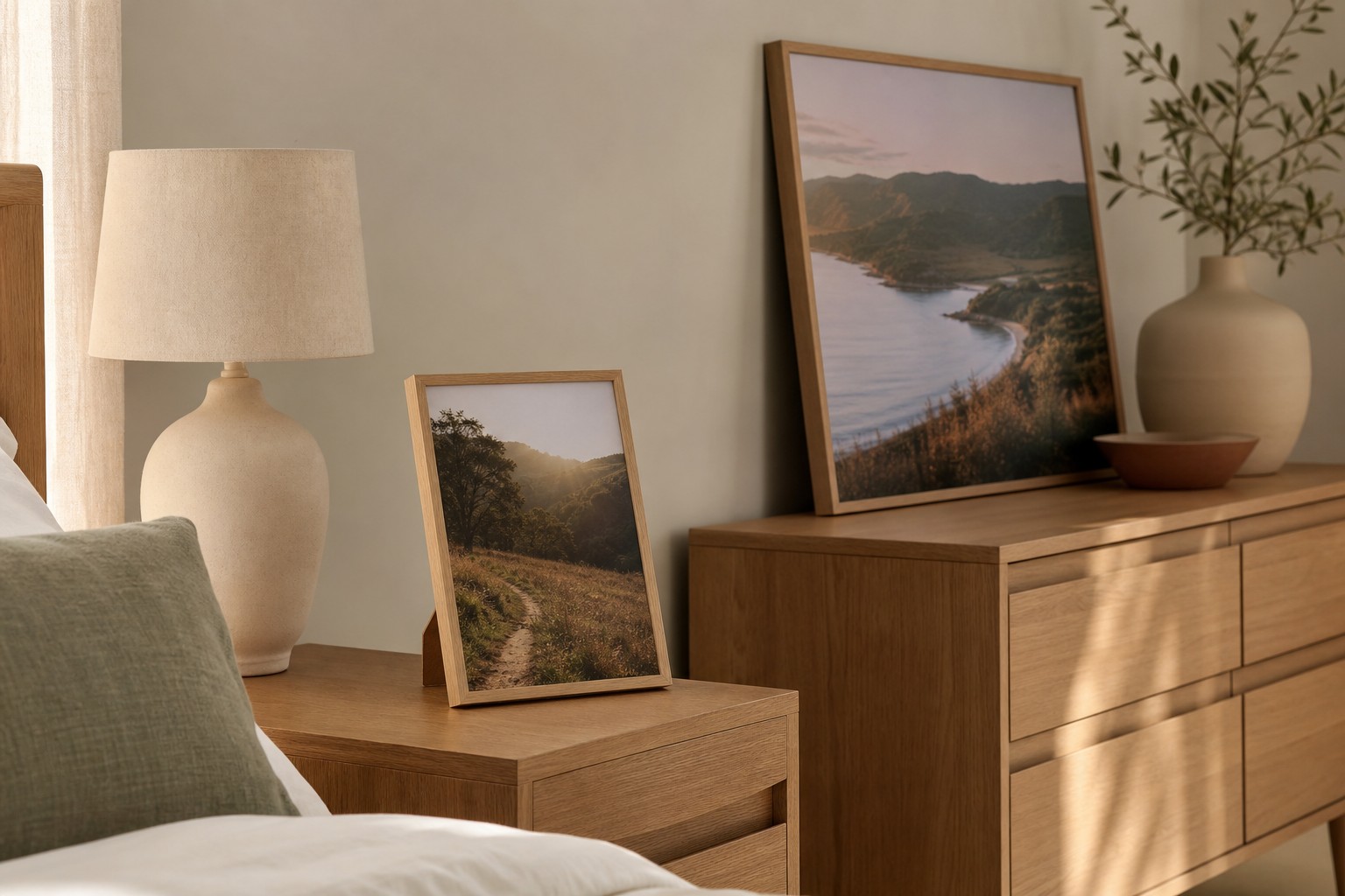 A4 framed print standing on its fold-out stand on a bedside table beside a lamp, with a larger framed print leaning behind