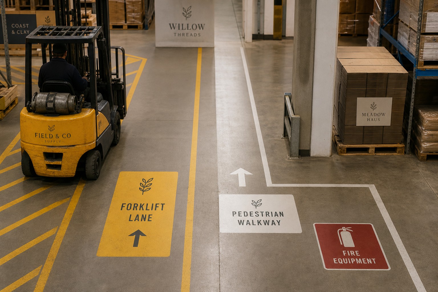 A warehouse floor with yellow forklift-lane striping, a white pedestrian walkway, and a red fire-equipment zone
