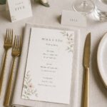 A5 wedding menu · 300gsm matte stock · double-sided full-colour digital print · matte or gloss laminate available · styled per place setting