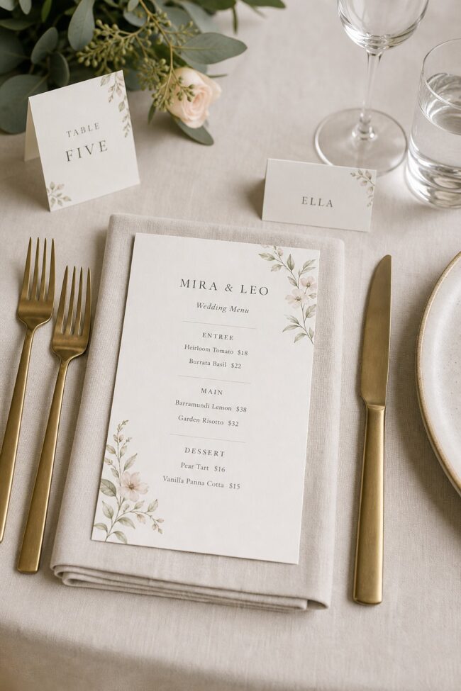 A5 wedding menu · 300gsm matte stock · double-sided full-colour digital print · matte or gloss laminate available · styled per place setting