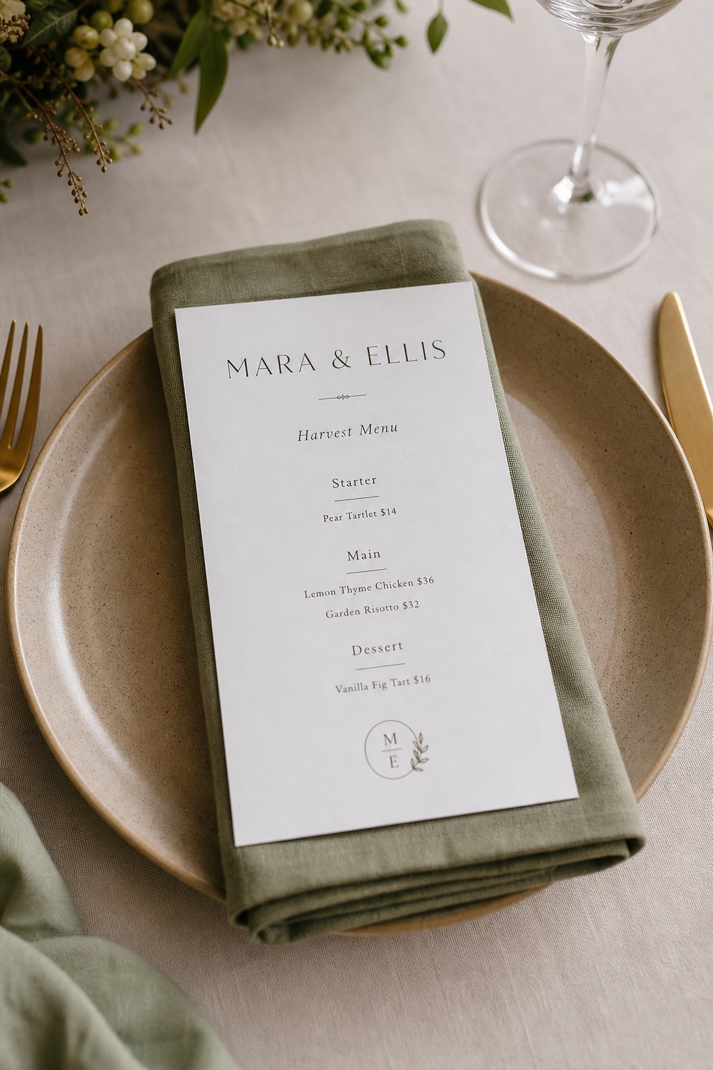 Per-setting A5 wedding menu · 300gsm matte stock · double-sided full-colour digital print · matte laminate available · charger-plate place setting