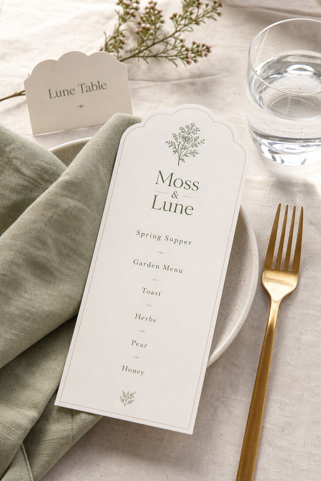 Die-cut shaped menu · 300gsm matte stock · double-sided full-colour digital print · arched decorative die-cut edge · circle, oval or custom contour available