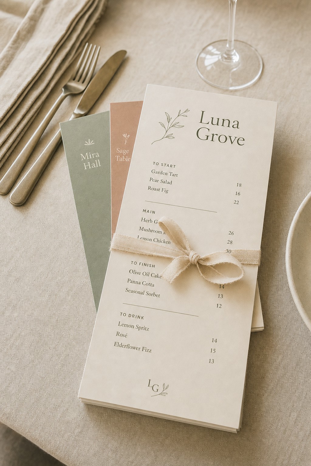 Coordinated event menu suite · 300gsm matte stock · double-sided full-colour digital print · smooth matte finish · menus stacked and tied with ribbon