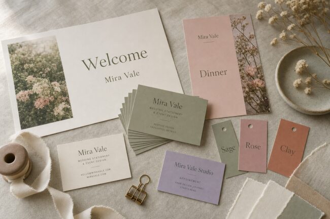 Wedding vendor print kit · linen and cotton business card stock · full-colour print · welcome proof and swatch tags