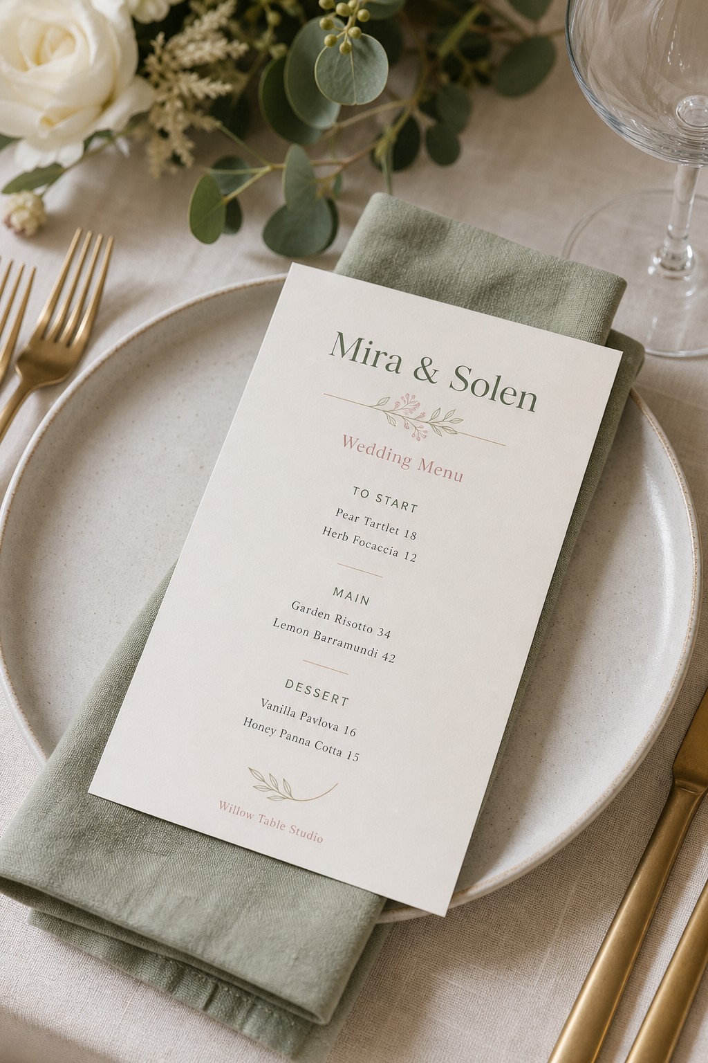 Printed wedding menu · matte card stock · full-colour digital print · styled place setting