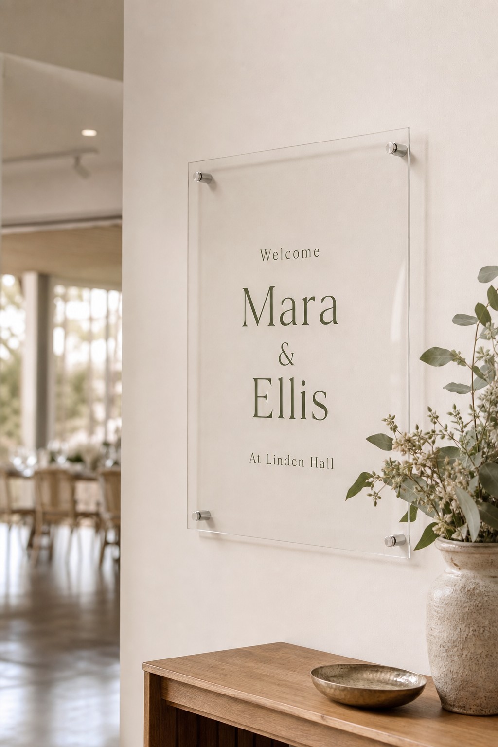 Acrylic welcome sign · clear acrylic panel · full-colour print · mounted on chrome standoffs
