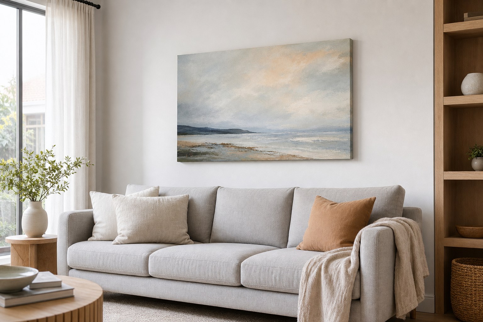 Large 60 by 90 cm canvas print above a three-seater sofa in a bright living room