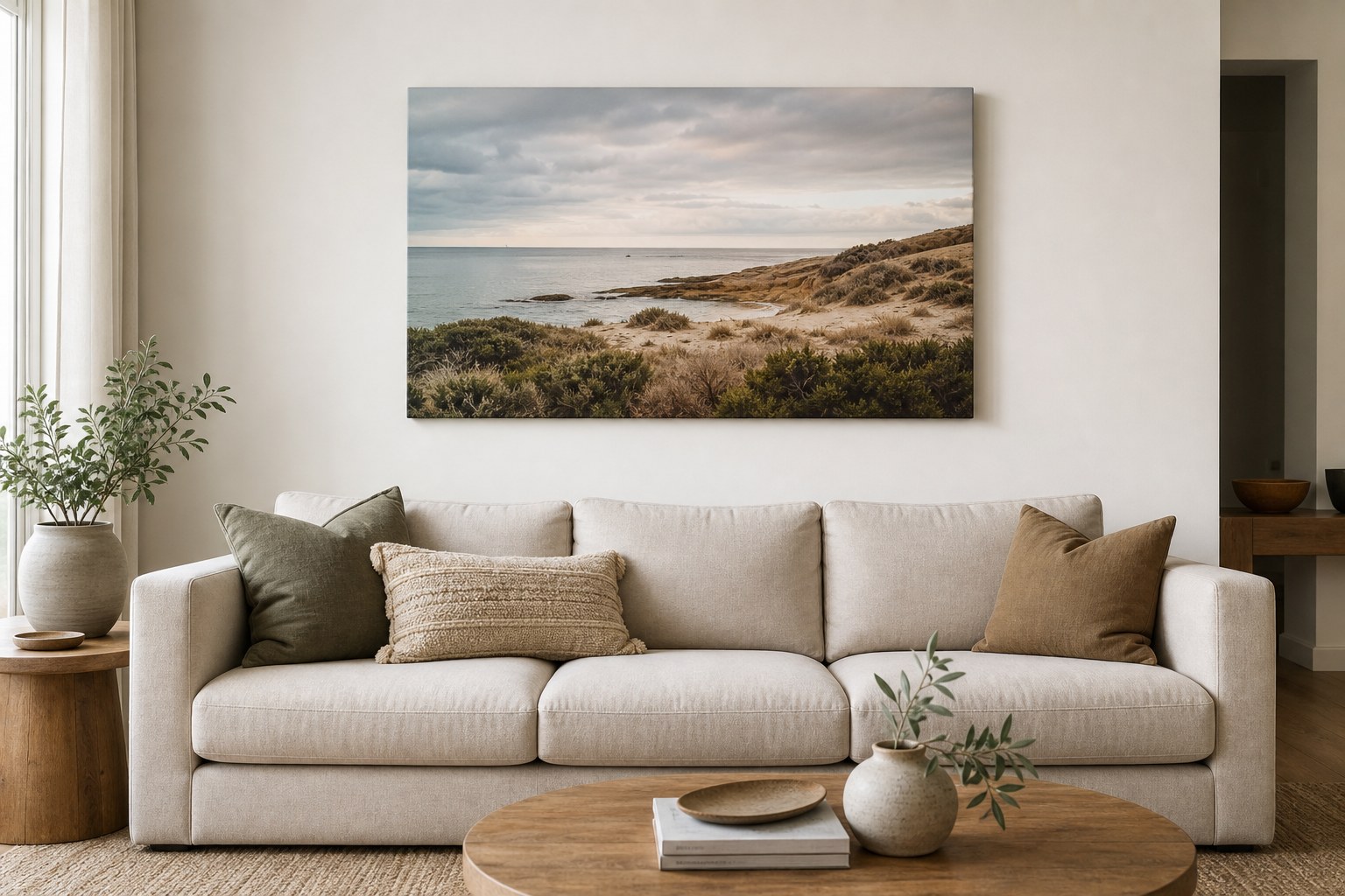 Canvas print sized to about two-thirds of the sofa width above a cream sofa