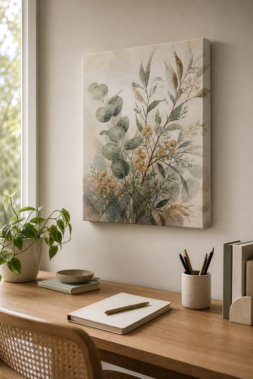 A 40 by 50 cm portrait canvas print above a home office desk at seated eye level