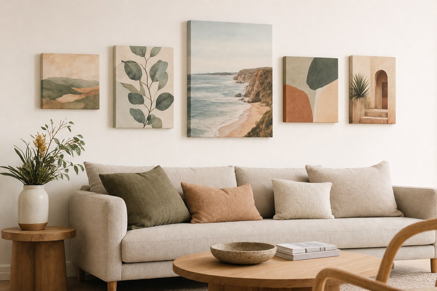 Gallery wall of five mixed-size canvas prints on a white wall