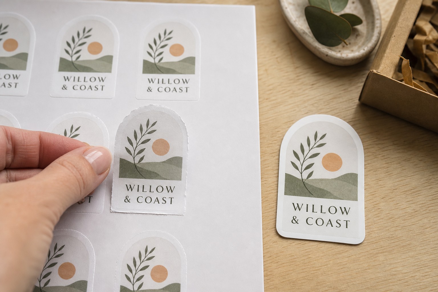 Close-up comparison of a home-printed sticker on an A4 sticker sheet showing visible colour banding and rough hand-cut edges