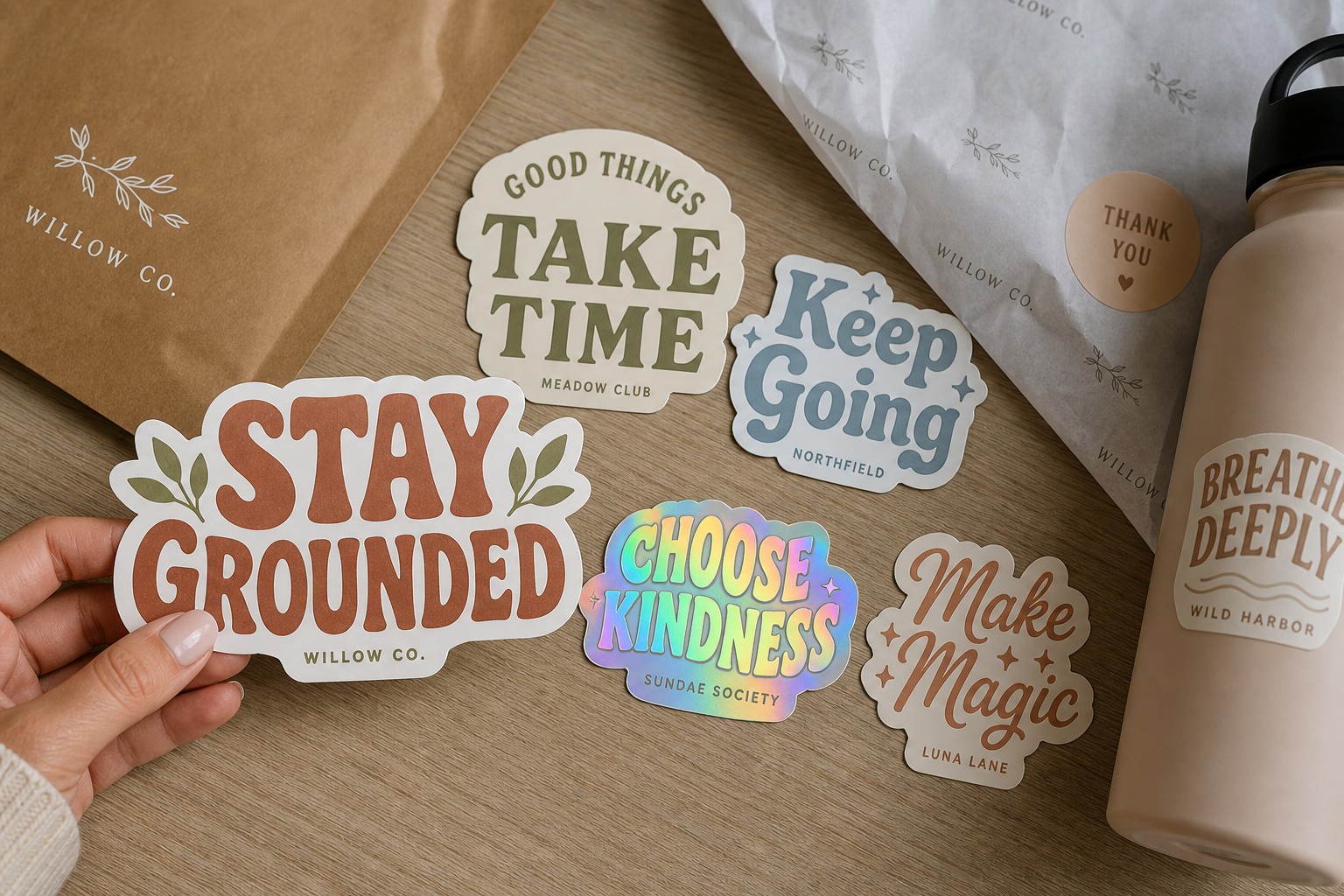 Overhead shot of a batch of professionally printed custom die-cut stickers in multiple shapes and finishes
