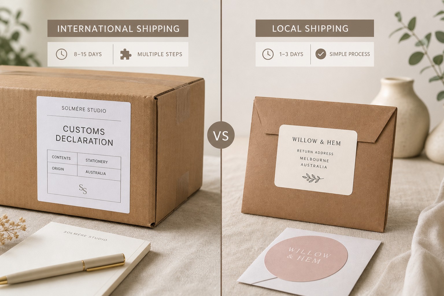 Split image comparing an international shipping carton with a customs declaration form attached on one side