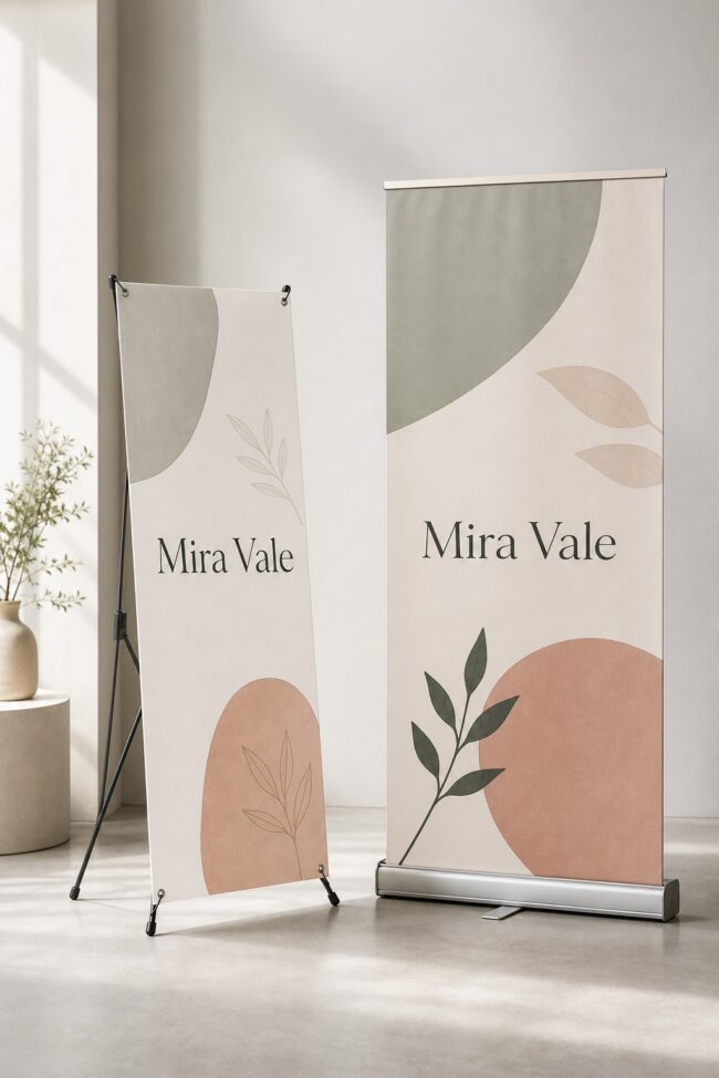 Left X-banner stand on 440gsm polyester · right pull-up retractable banner on vinyl · full-colour print · matte finish