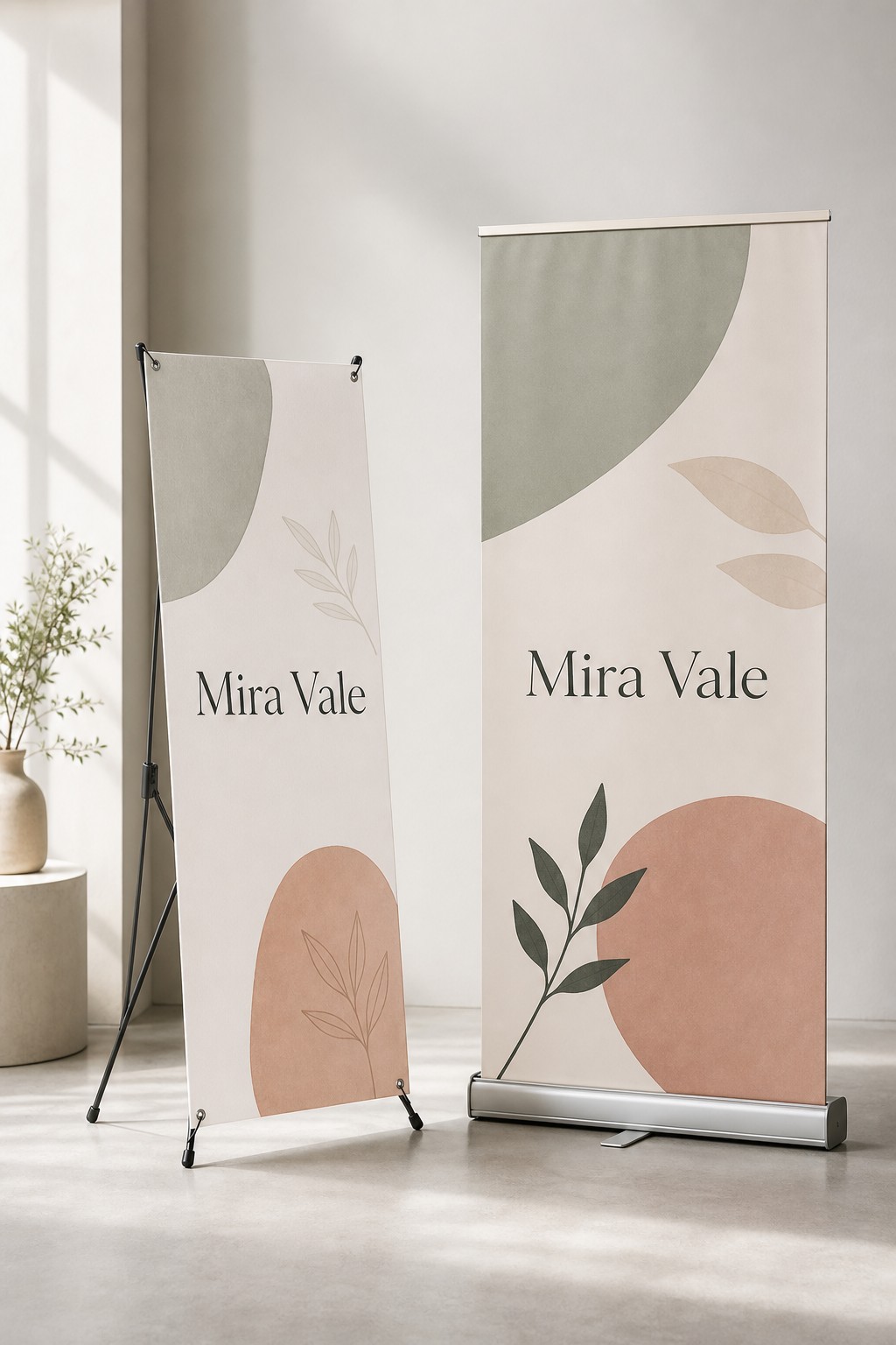 Left X-banner stand on 440gsm polyester · right pull-up retractable banner on vinyl · full-colour print · matte finish