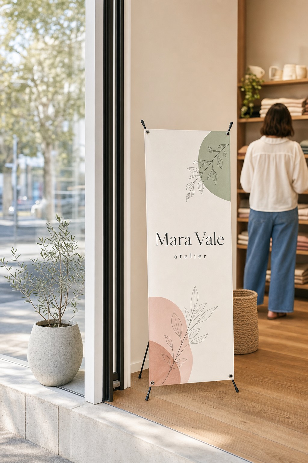 X-banner stand · 440gsm polyester panel · full-colour print · matte finish · shown at a shop entrance