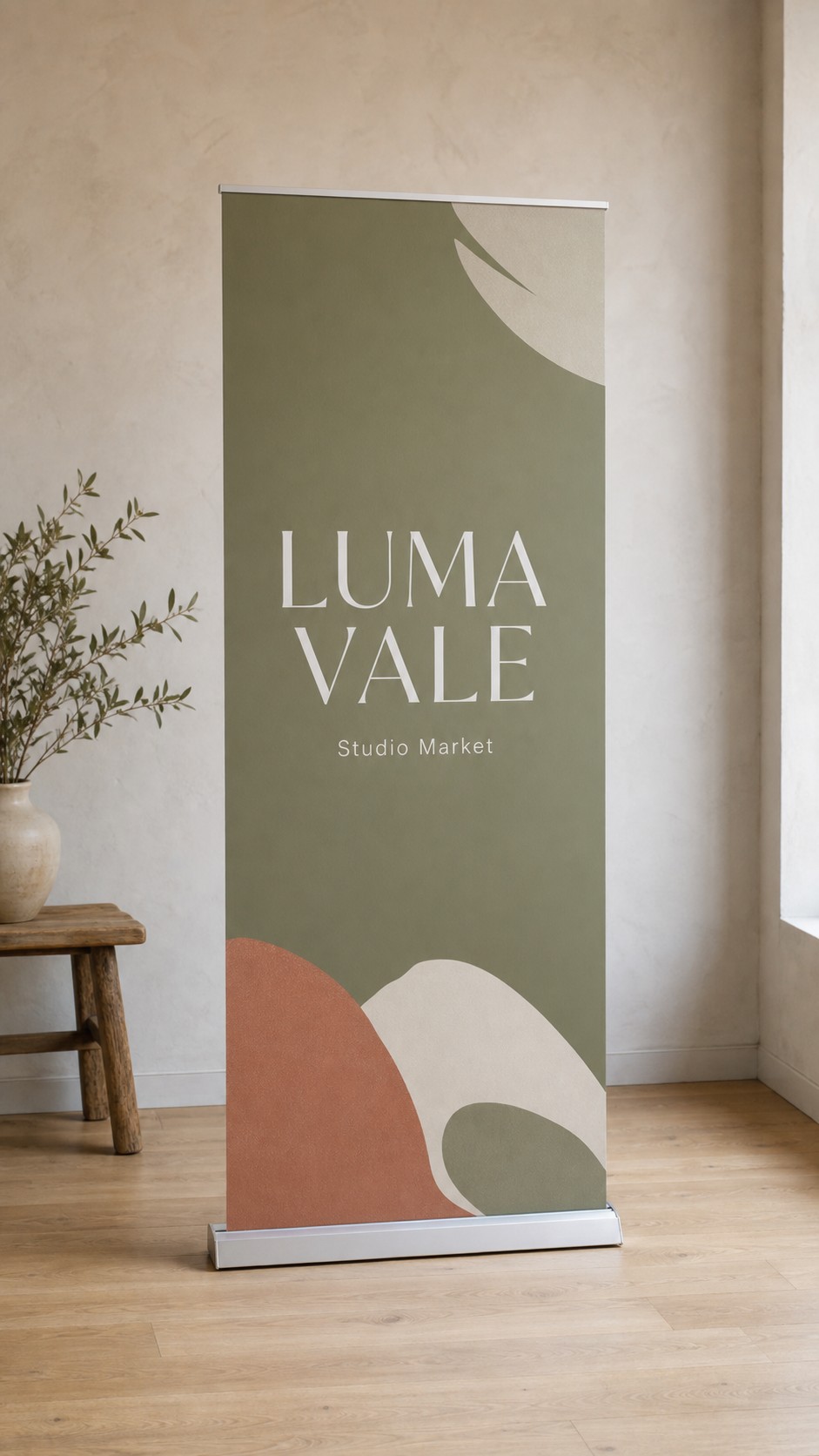 Pull-up retractable banner · vinyl panel · full-colour print · matte finish · slim aluminium cassette base