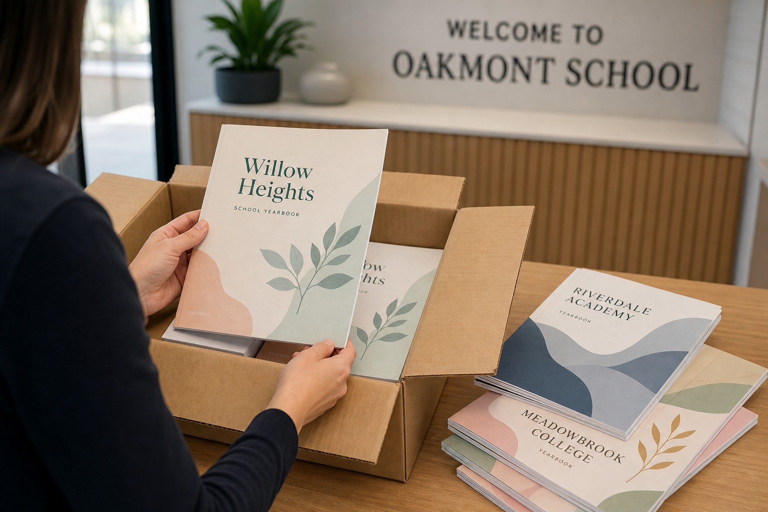 Cardboard box of printed A4 school yearbooks being unpacked in a school reception area