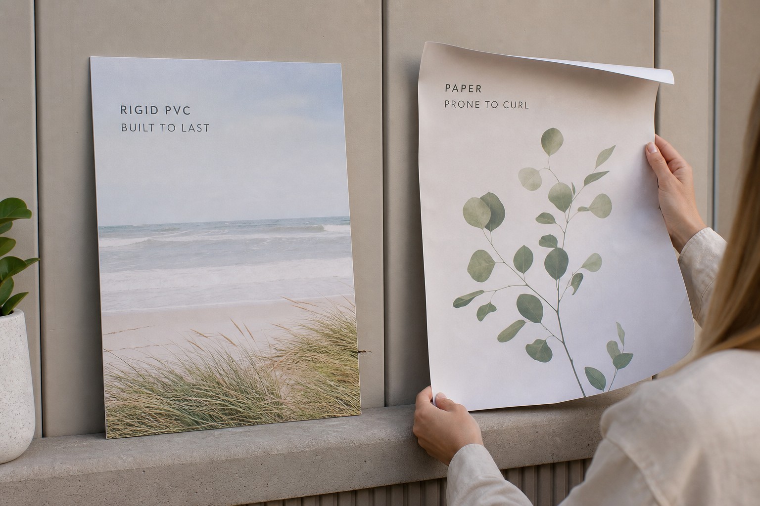 Left: Rigid PVC signage panel · Right: Curling paper poster · Durability comparison at large format