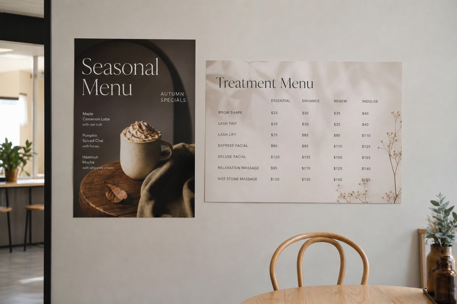 Left: A2 portrait · 200gsm synthetic, cafe seasonal menu; Right: A2 landscape · 200gsm synthetic, multi-column beauty pricing