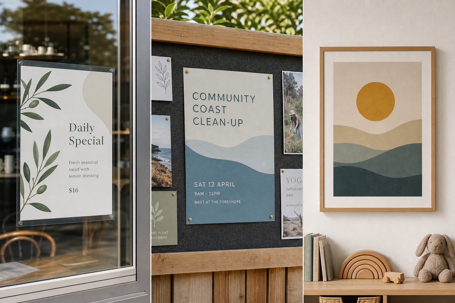 A3 poster · 200gsm synthetic stock · CMYK full-colour · tear-resistant, displayed in cafe, noticeboard and bedroom