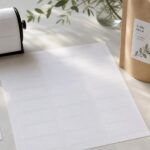 A blank label sheet sits beside a dispenser roll of blank labels, with a label already applied to a coffee pouch nearby.