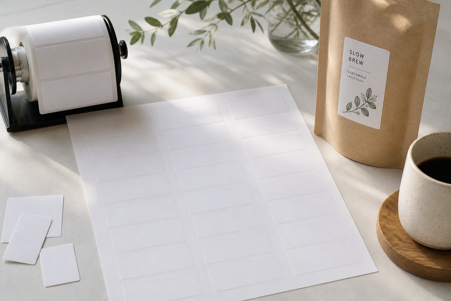 A blank label sheet sits beside a dispenser roll of blank labels, with a label already applied to a coffee pouch nearby.