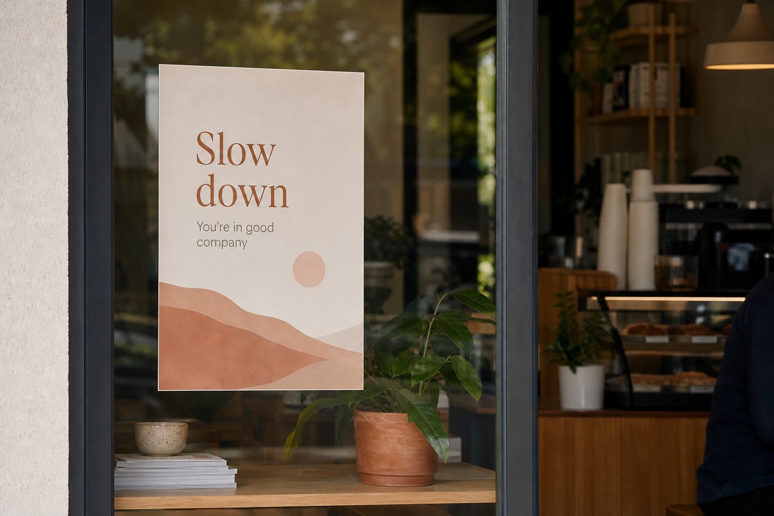 A4 cafe window notice · paper stock · designed for counter-distance legibility