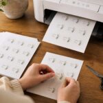 A home inkjet printer feeds out a sheet of thank you labels, beside printed sheets, scissors and an ink cartridge.