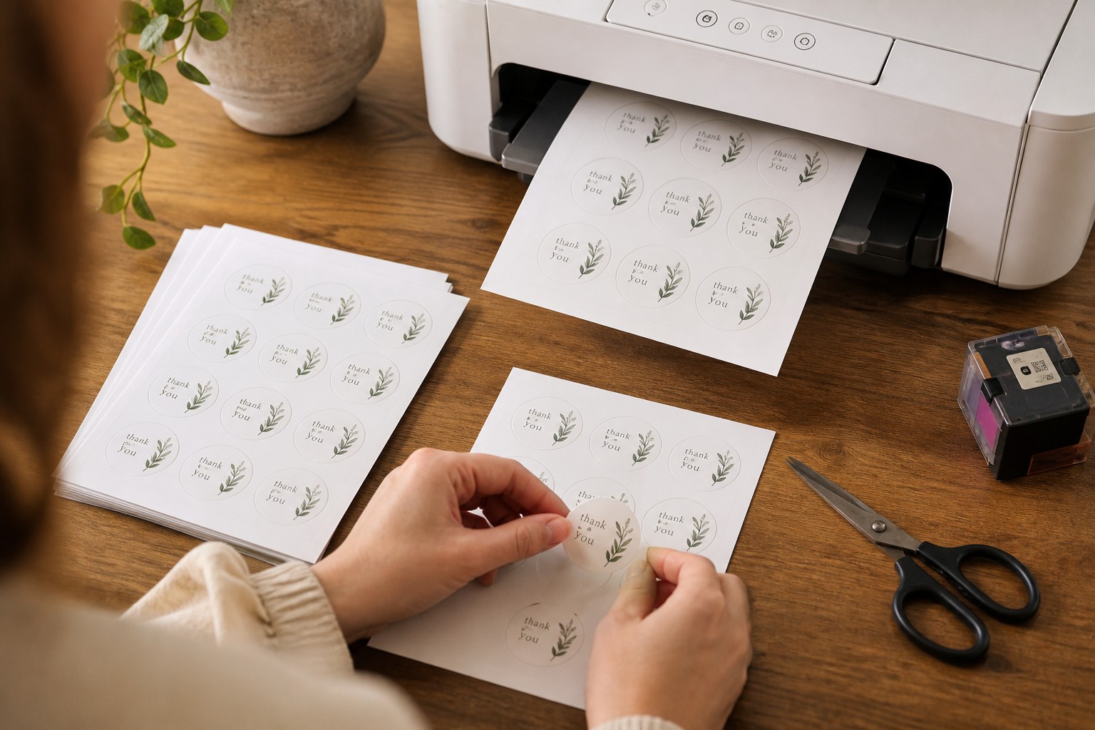 A home inkjet printer feeds out a sheet of thank you labels, beside printed sheets, scissors and an ink cartridge.