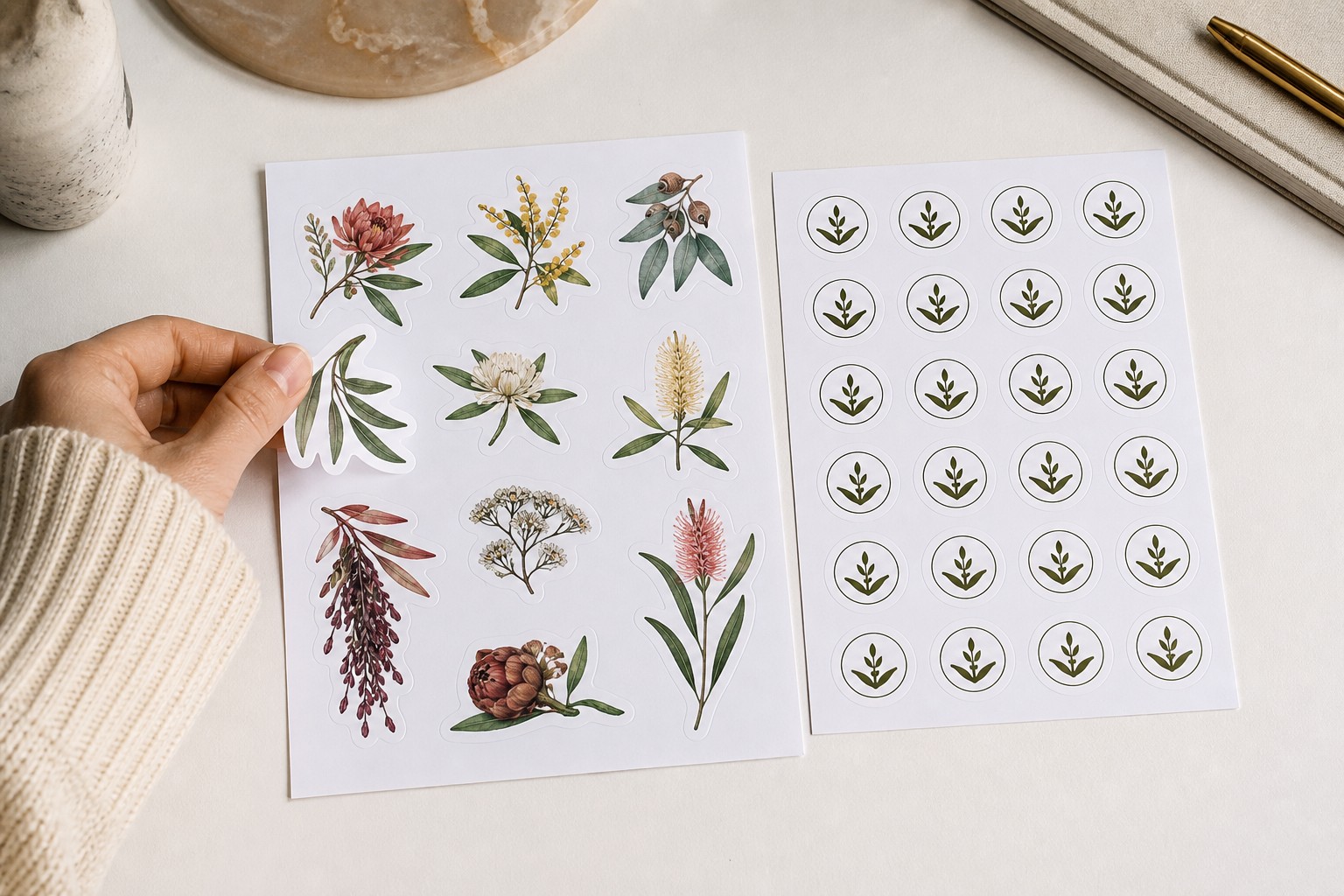 A hand lifts a botanical sticker from a colourful illustrated sheet, beside a sheet of small circular leaf labels.