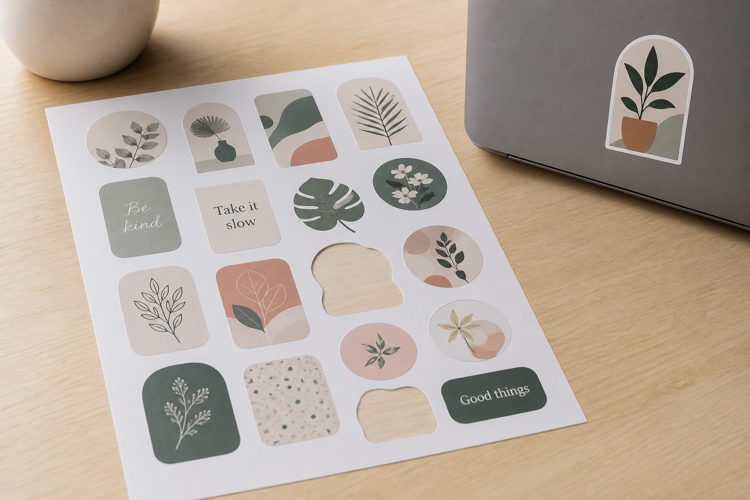 A sheet of mixed shaped stickers, including florals and short phrases, sits beside a laptop with a matching sticker on its lid.