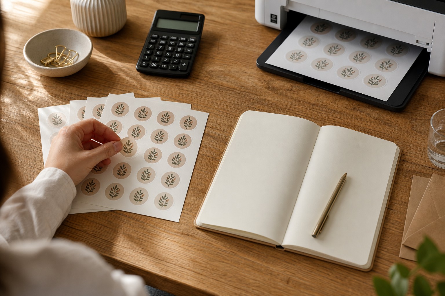 A printer feeds a fresh sheet of botanical stickers while a hand peels one free from a matching sheet nearby.