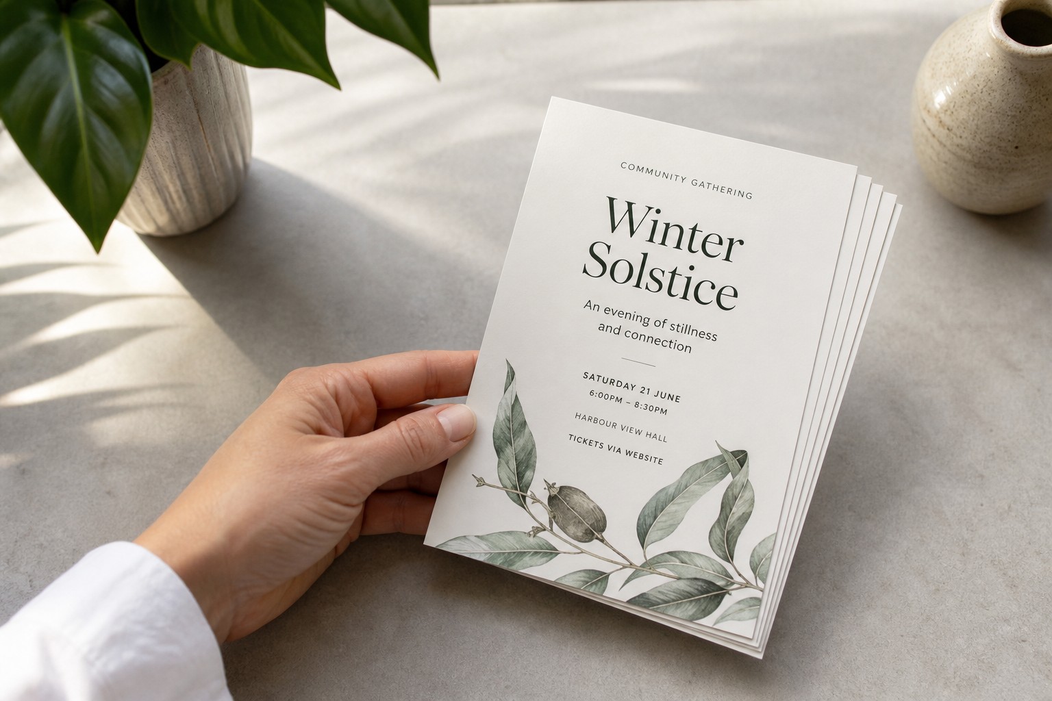 A hand fans a stack of Winter Solstice flyers printed with a botanical branch design, beside a stoneware vase.