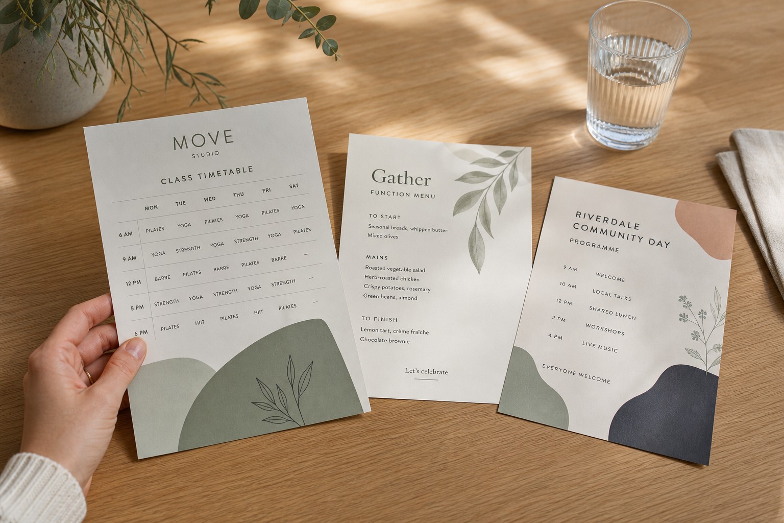 A gym timetable, a restaurant menu and a community programme sit together on a timber table.