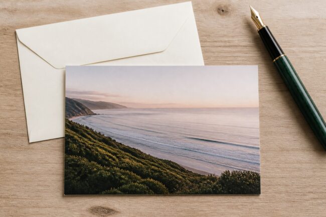 A coastal sunset photograph card rests against a cream envelope on a timber desk, with a fountain pen laid alongside.