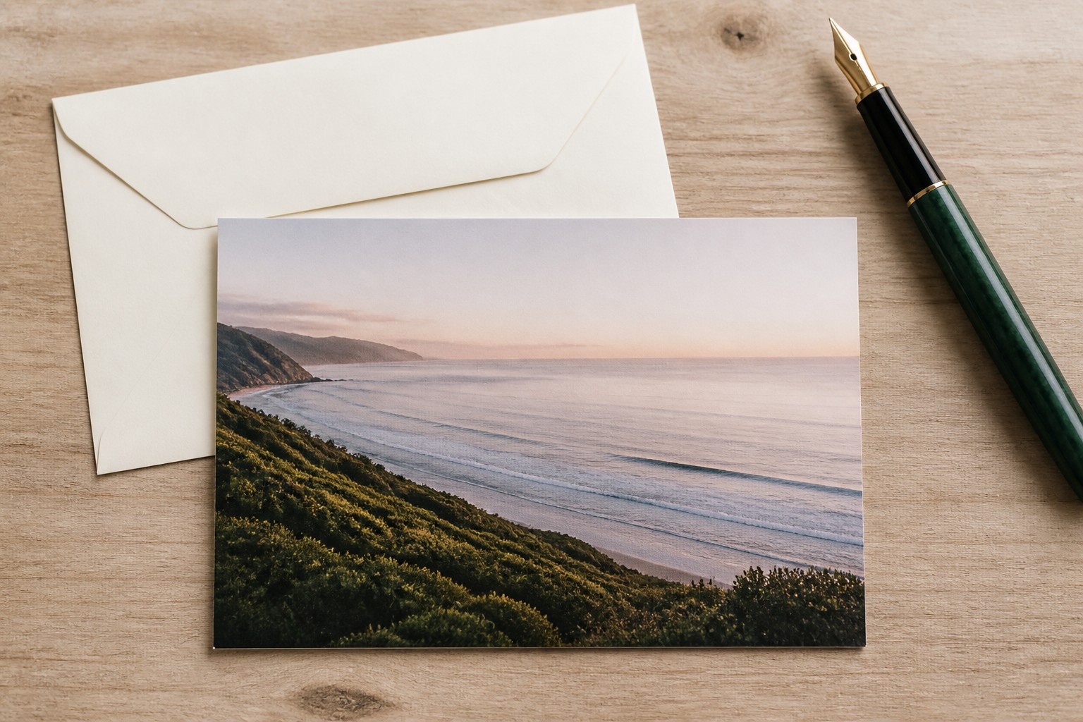 A coastal sunset photograph card rests against a cream envelope on a timber desk, with a fountain pen laid alongside.