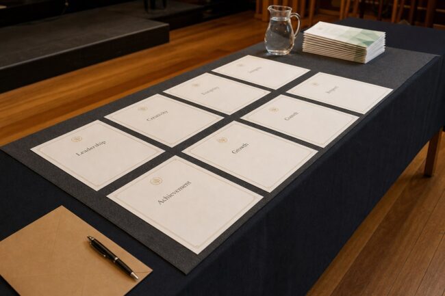 A trestle table with a charcoal runner holds three rows of portrait certificates, folded programs, a water jug, a kraft envelope and pen in a hall.