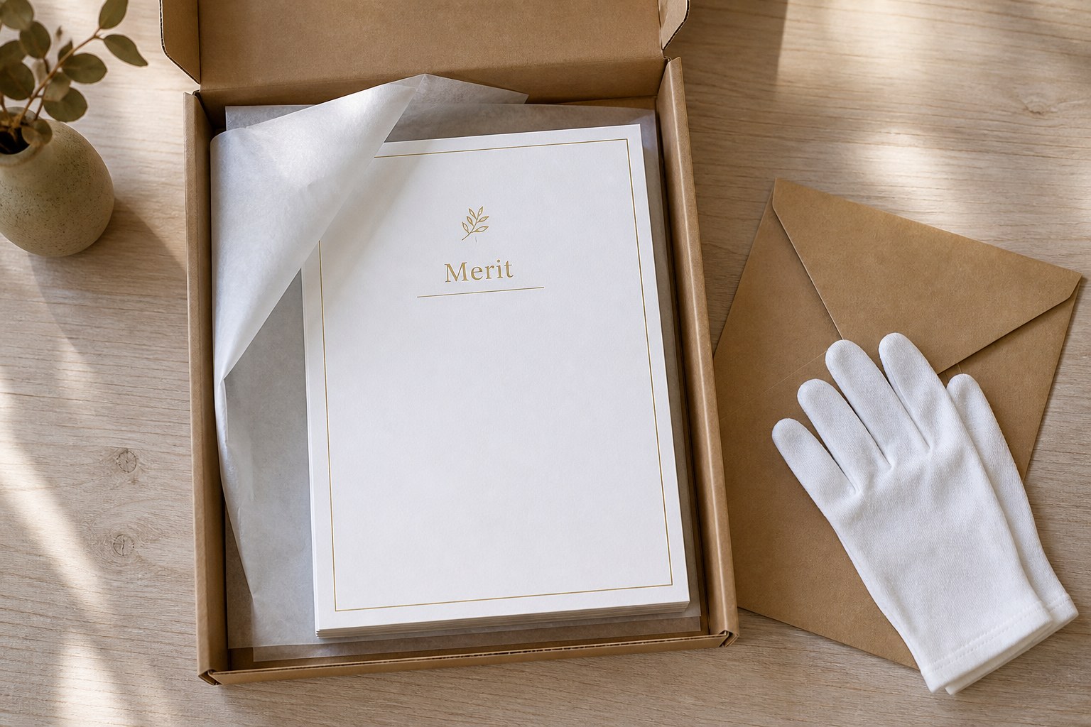 An open kraft box on a pale bench holds a stack of portrait certificates with tissue folded back, beside a white glove, a kraft envelope and foliage.