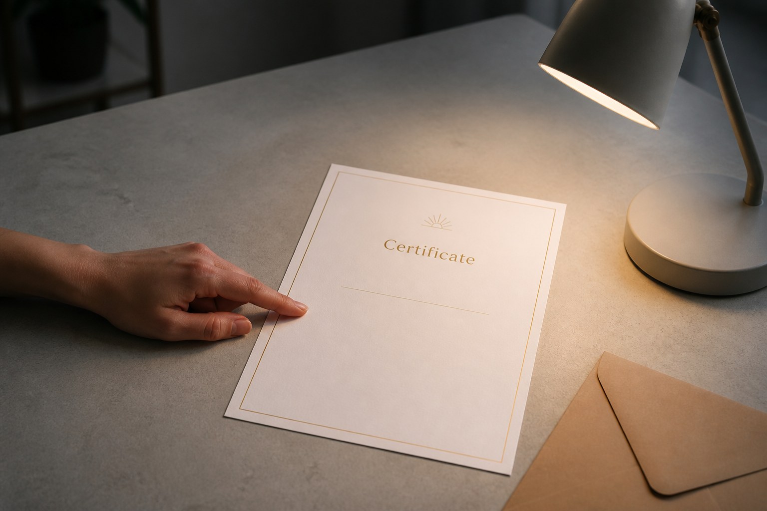 A portrait certificate on a grey bench under a warm lamp shows a gold title and an empty name line, with fingertip at one end and a kraft envelope.