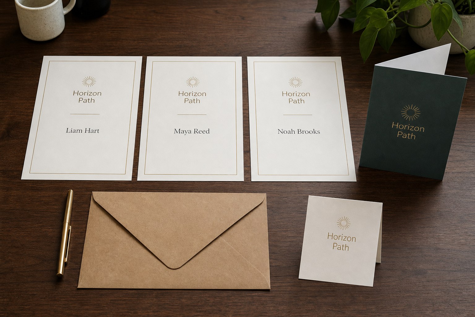 Three portrait certificates on a dark walnut table sit in a row, each with a different name, near a folded program, a counter card and a brass pen.