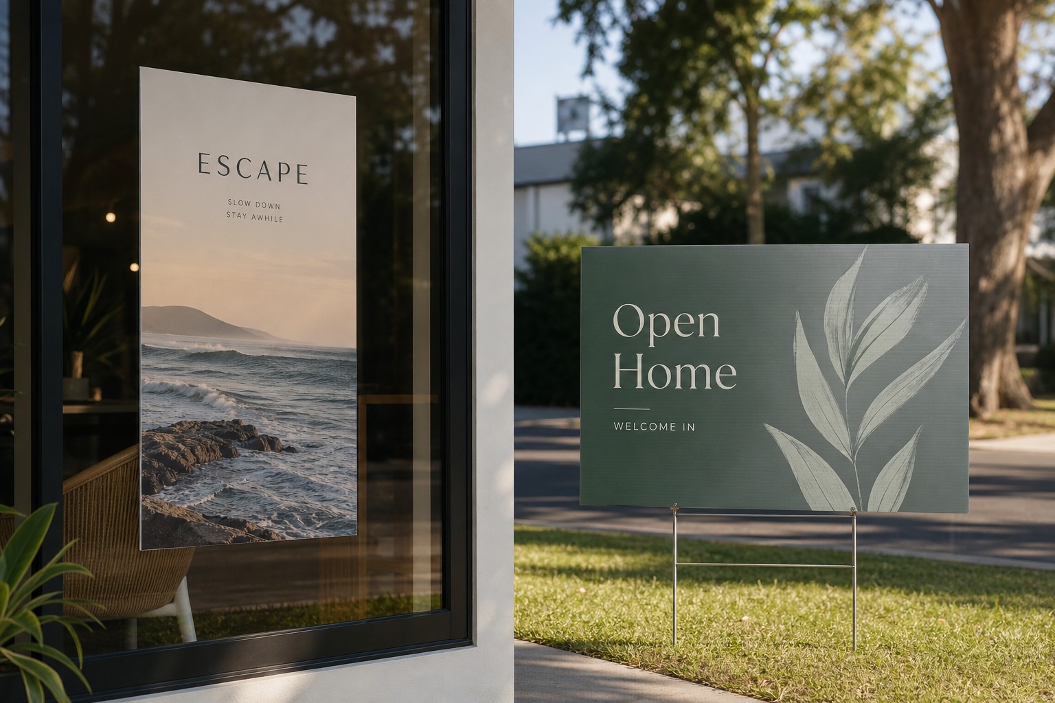 Left: A1 poster · 200gsm Synthetic paper · Right: Corflute sign · TEKflute