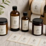 A candle jar, jam jar and dropper bottles carry matching labels, next to a label roll, a cut sheet and eucalyptus foliage.
