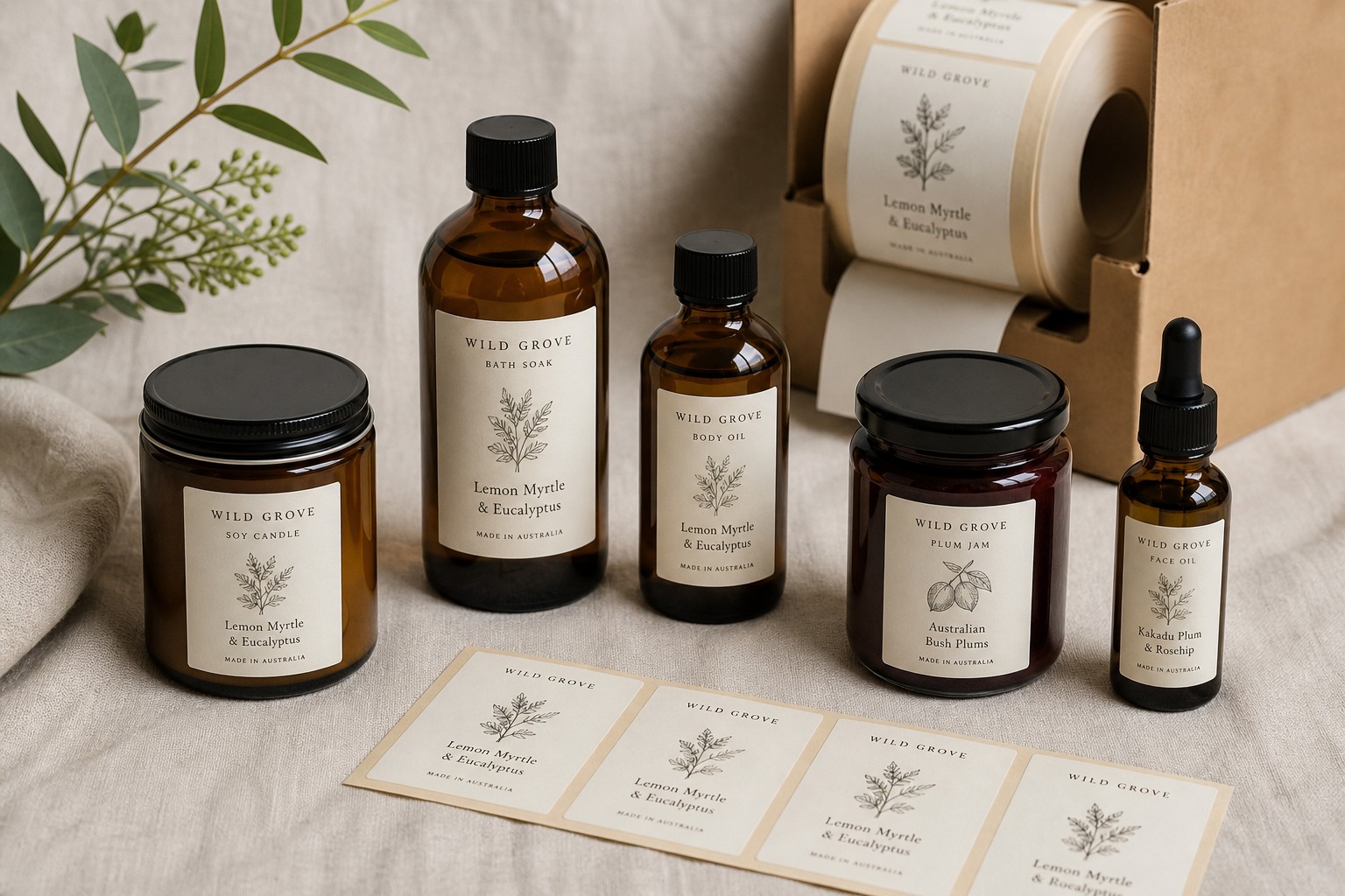 A candle jar, jam jar and dropper bottles carry matching labels, next to a label roll, a cut sheet and eucalyptus foliage.