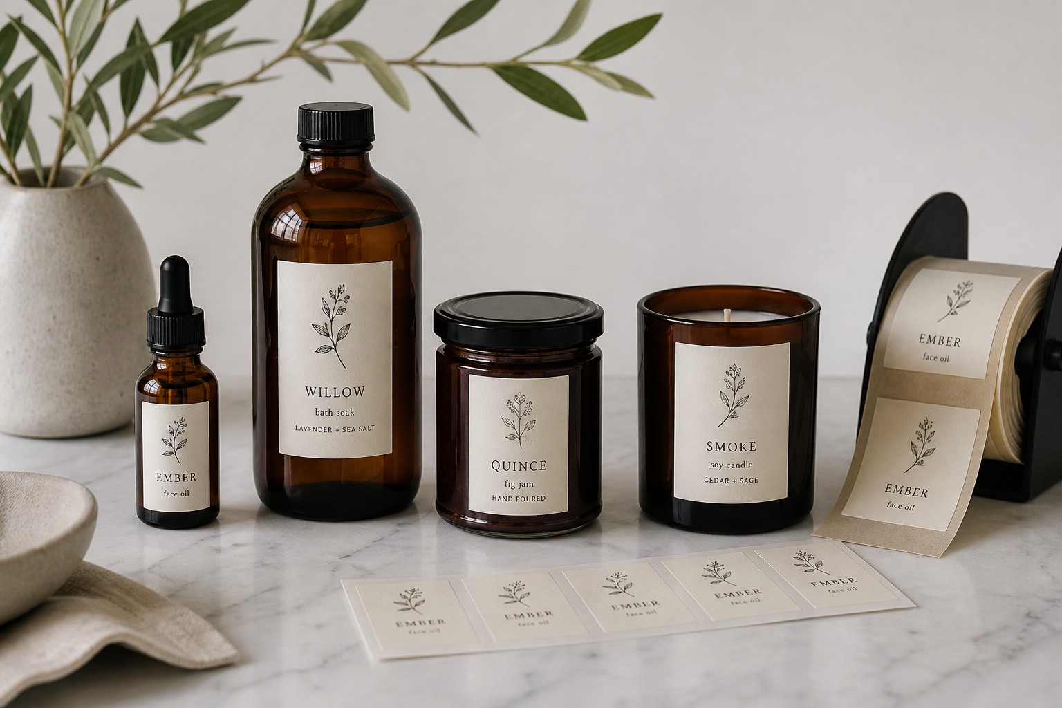 A dropper bottle, tall bottle, jam jar and candle sit on marble, each label sized to its own flat panel, with a labels roll nearby.