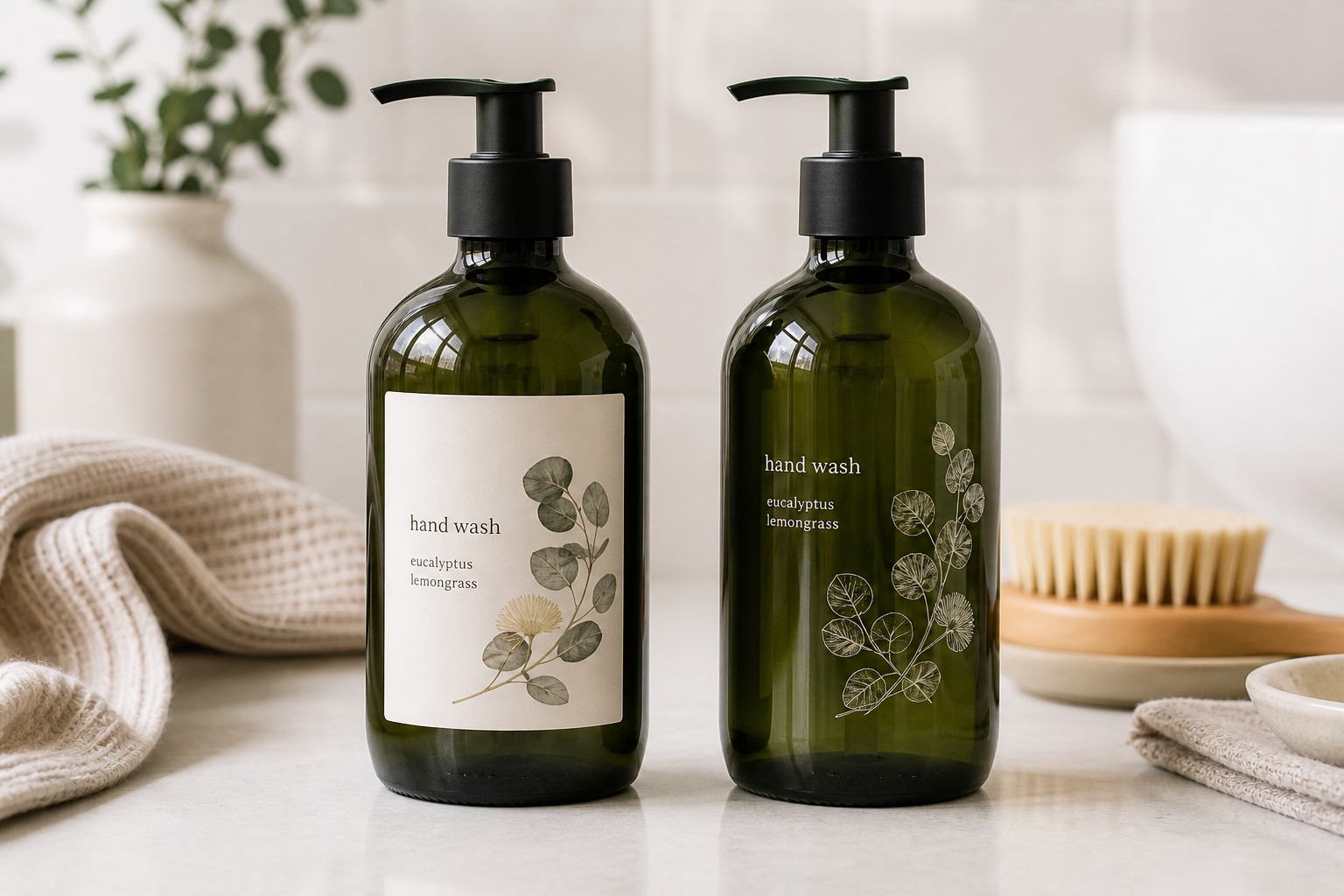 Two matching green glass pump bottles stand side by side, one with an opaque cream label, the other clear so the glass shows through.